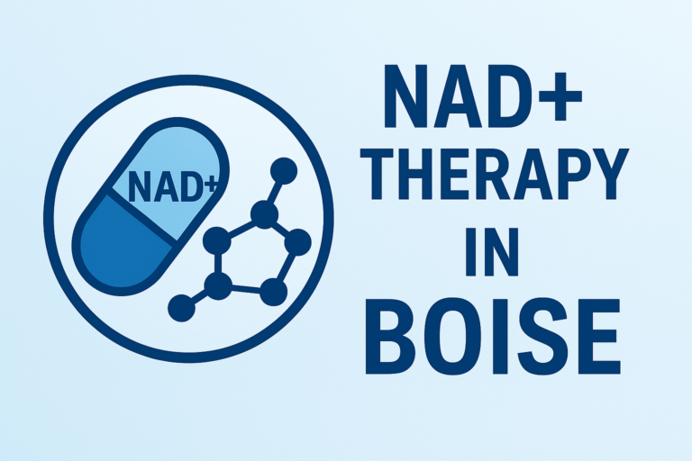 Graphic showing a capsule labeled NAD+ with molecular structure, used to illustrate IV wellness support in Boise.